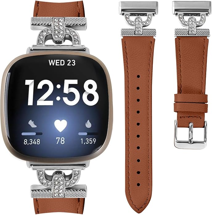 Luxe Leather Bands Compatible With Fitbit Versa 4/Versa 3/Sense 2/Sense Bands For Women D-shaped Bling Metal Buckle Replacement Straps.
