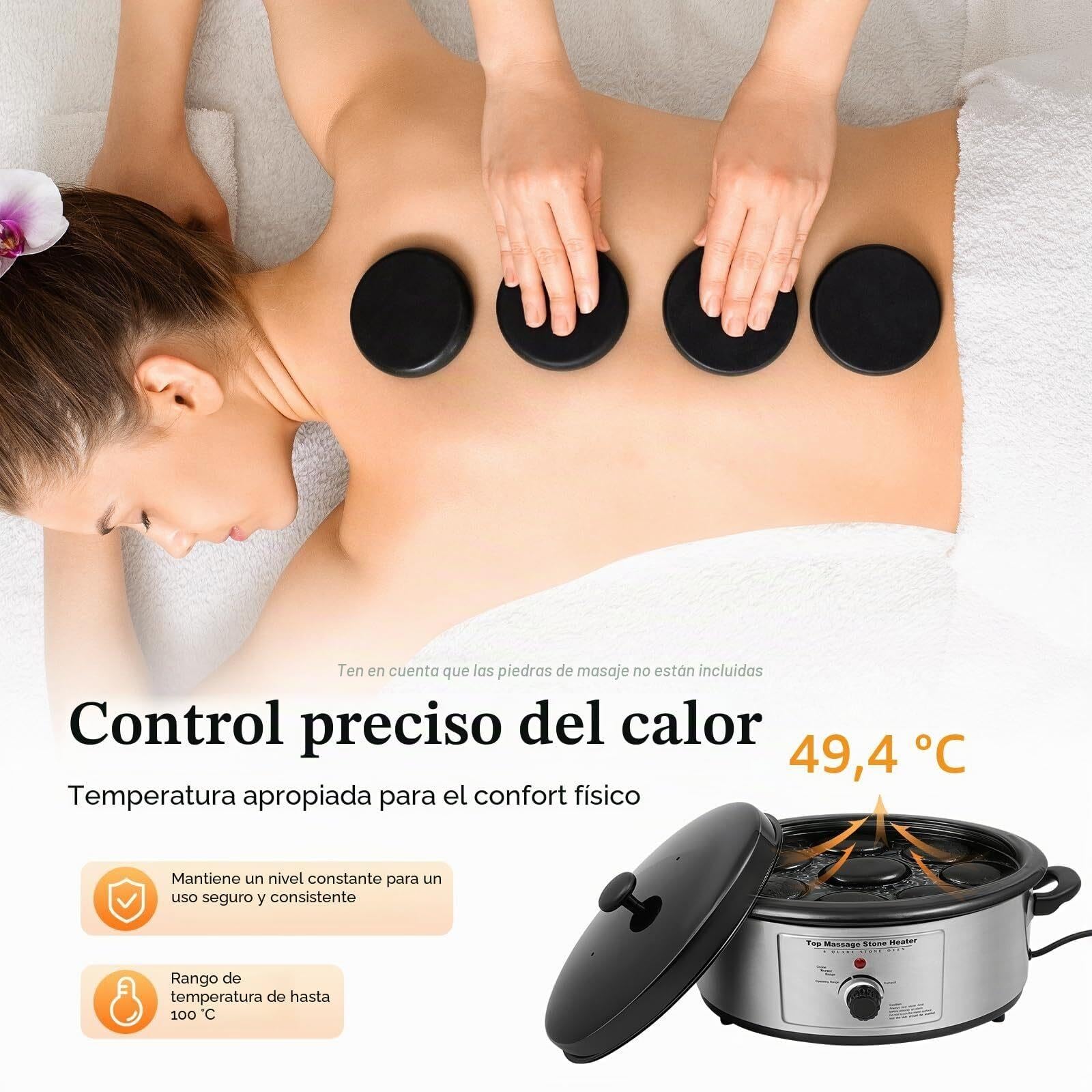 Calentador de Piedras 6L Masaje 750W | Calienta piedras de masaje hasta 100°C. Control preciso, gran capacidad 6L, seguro y duradero para spa, salón o casa.