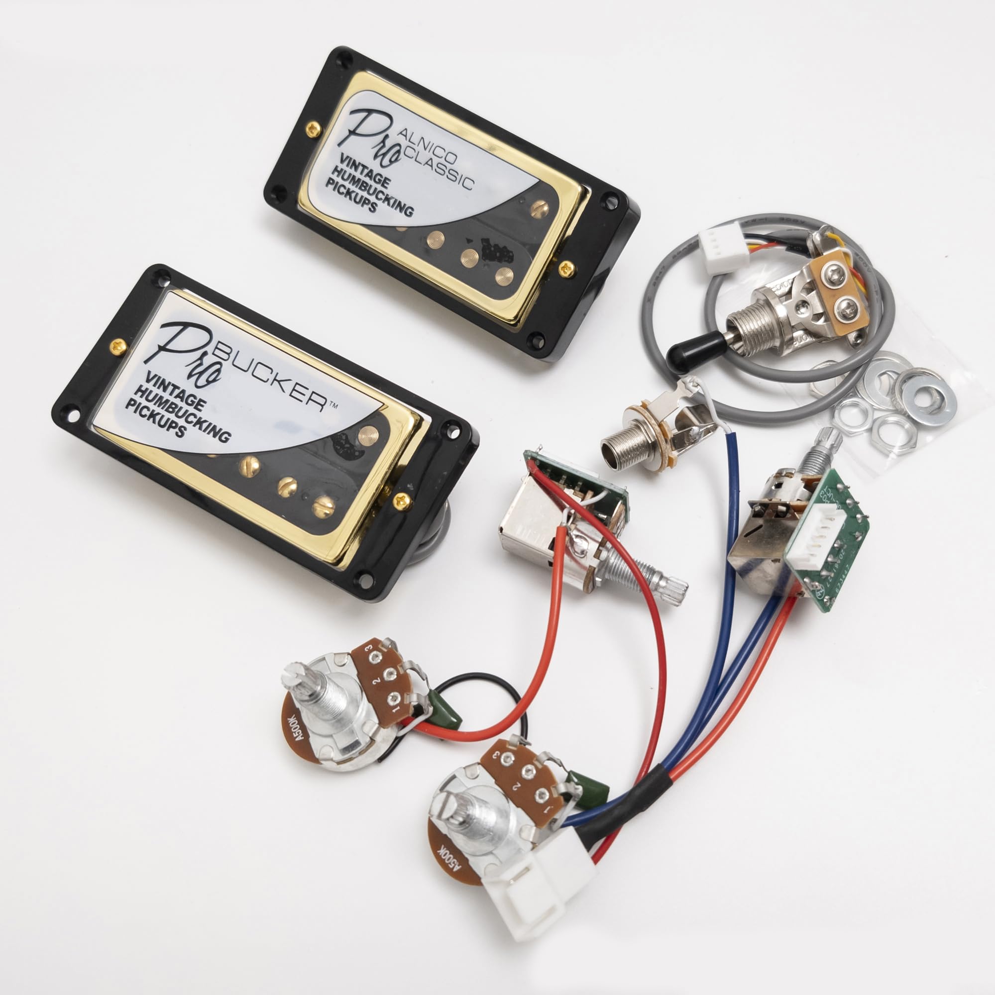 Przetwornicy ProBucker Alnico 2 Humbucker do gitar Gibson Les Paul, przetwornicy pod gryf i pod mostek z 4-rdzeniowymi terminalami Quick Connect, kabel 2V2T, ulepszenie Push Pull (Czarno-złote)