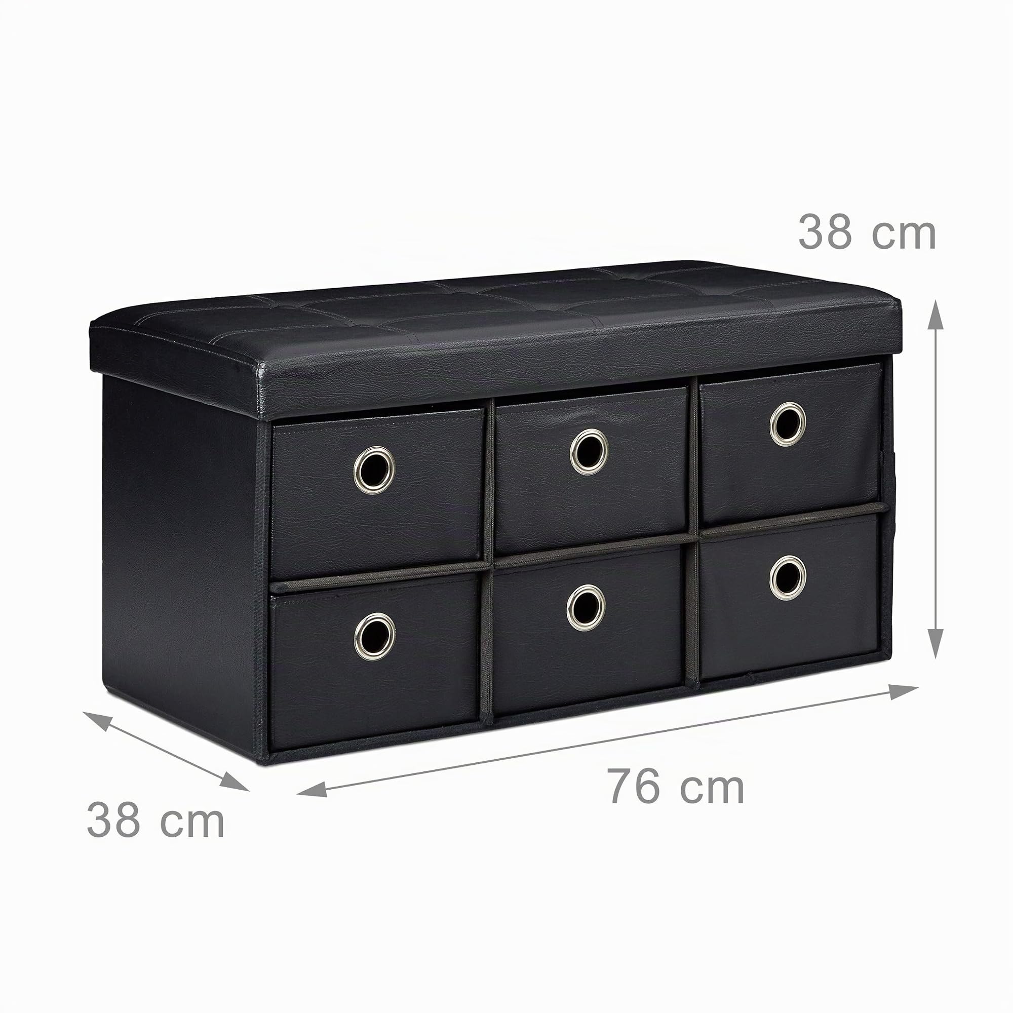 Relaxdays Banco Plegable, Taburete 6 Compartimentos de Almacenamiento, 38x76x38 cm, Cuero Sintético, Plegable, Negro