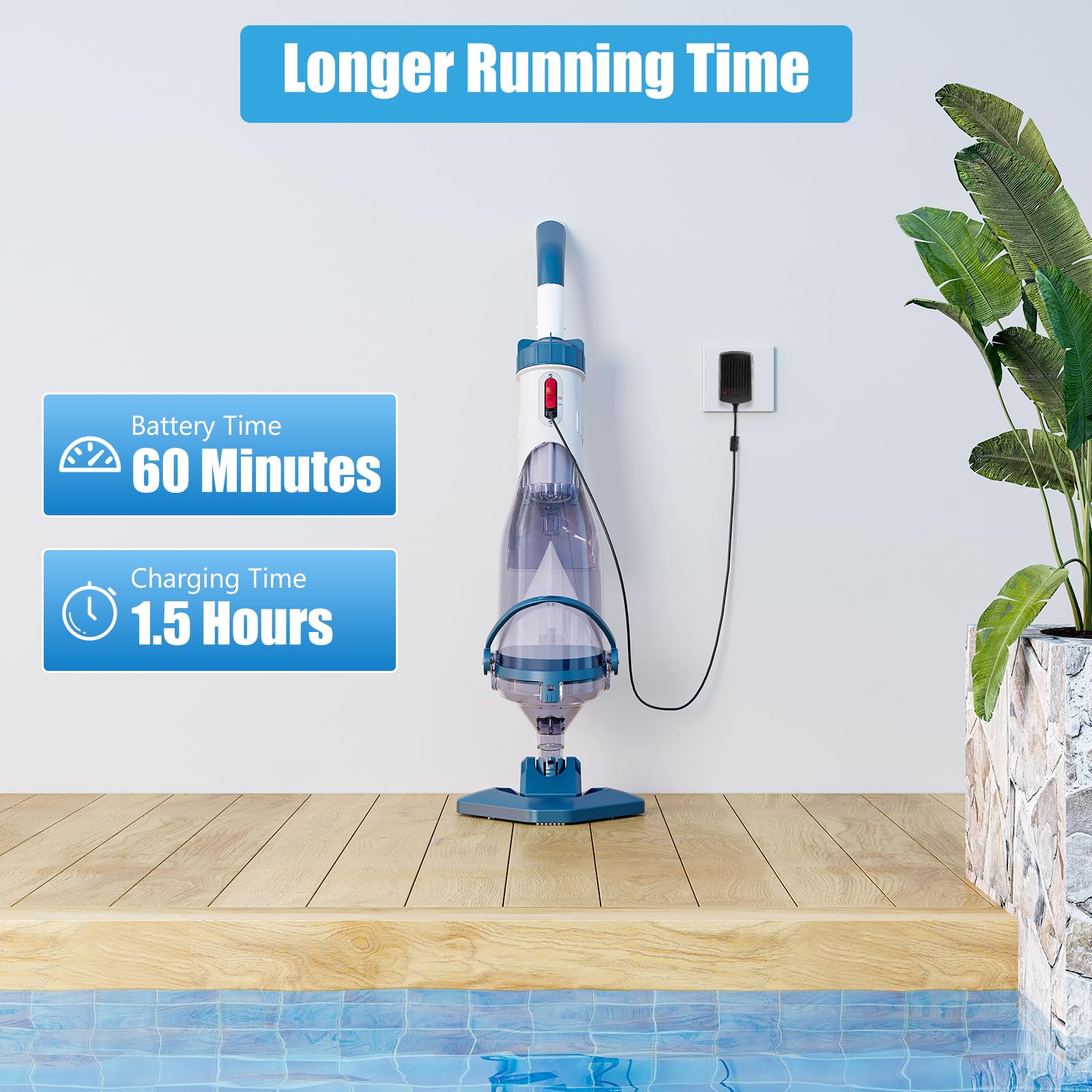 Enhulk Aspirapiscina con Batteria, Aspirapiscina con Autonomia Fino a 60min, Aspirapolvere per Piscina Include Asta Telescopica, Aspirazione 4200L/H, Ideale per Piscine Fuori Terra, SPA e Più, Blu