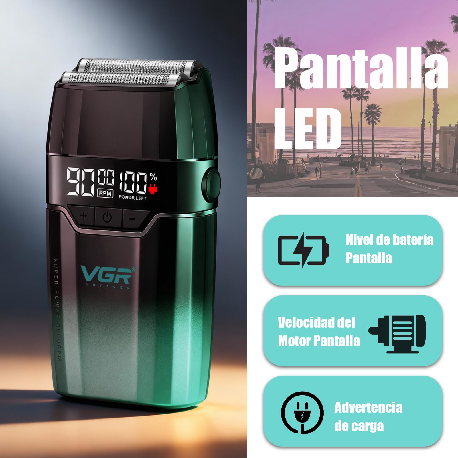 VGR 308 Afeitadora Electrica Hombre InaláMbrica, Shaver Barberia, Verde | Doble Capa de LáMina Flotante de Titanio y Motor de 9000RPM, Maquina de Afeitar Hombre Compacta con Pantalla LED, Carga USB