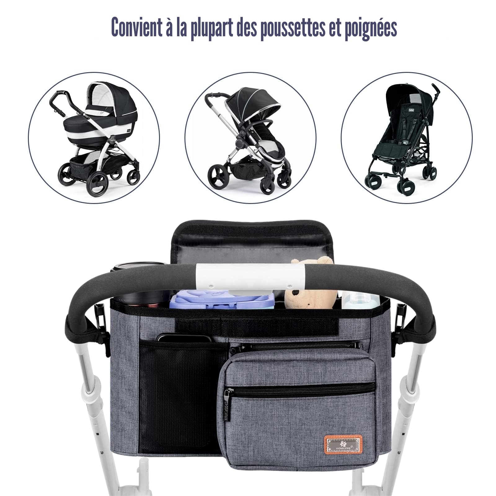 L'accessoire poussette est nouvellement mis à jour, l'organisateur poussette contient 2 porte-gobelets pour couches et jouets, s'adapte à tous les modèles Buggy