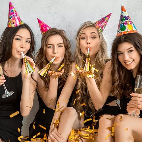 Miniatura 5 de AVLA Paquete de 60 unidades para hacer ruido dorado, brillo metálico con flecos musicales para cumpleaños, bocinas, silbatos para fiesta, soplador