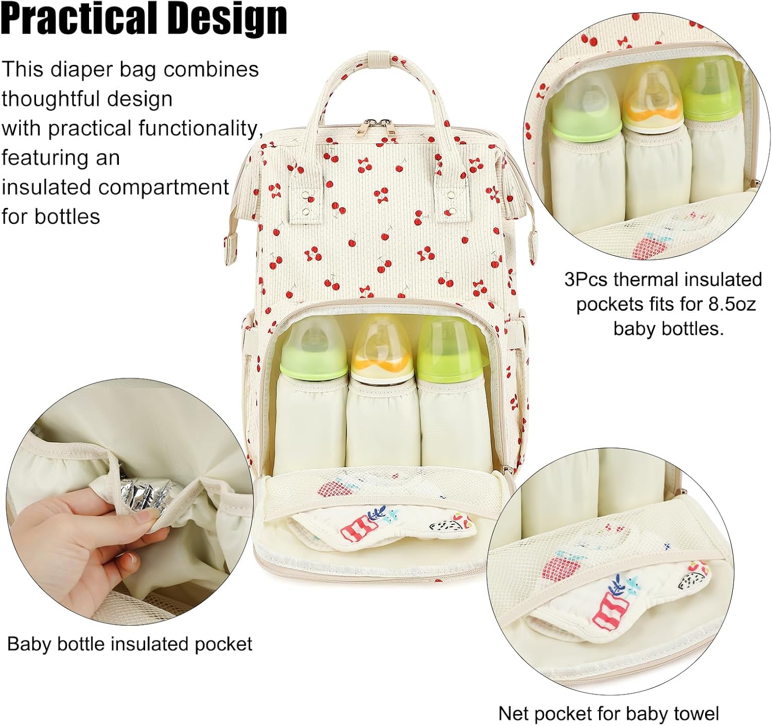Corduroy Diaper Bag Backpack for Mom, Large Capacity Travel Nappy Bag for Baby Girls & Boys with Stroller Straps (Corduroy Cherry)