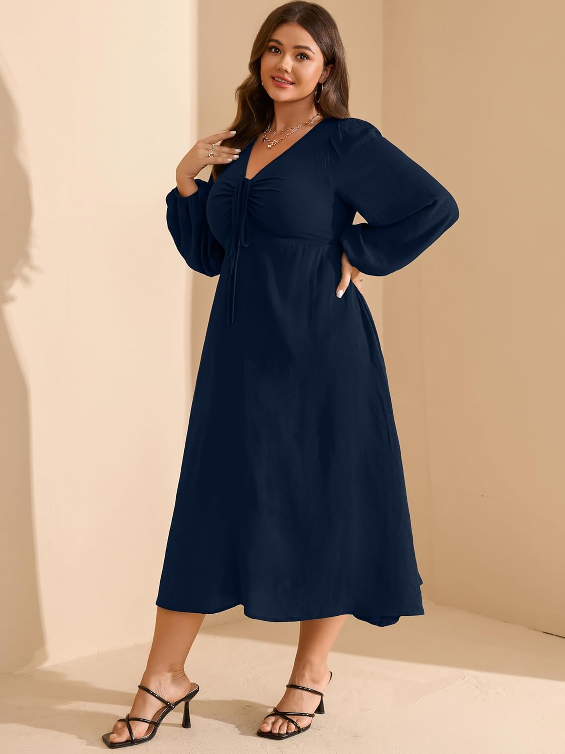 RWJ Fall Wedding Guest Dresses for Women Plus Size V Neck Long Sleeve Tie Front Cocktail Maxi Dress with Pockets - Image 4