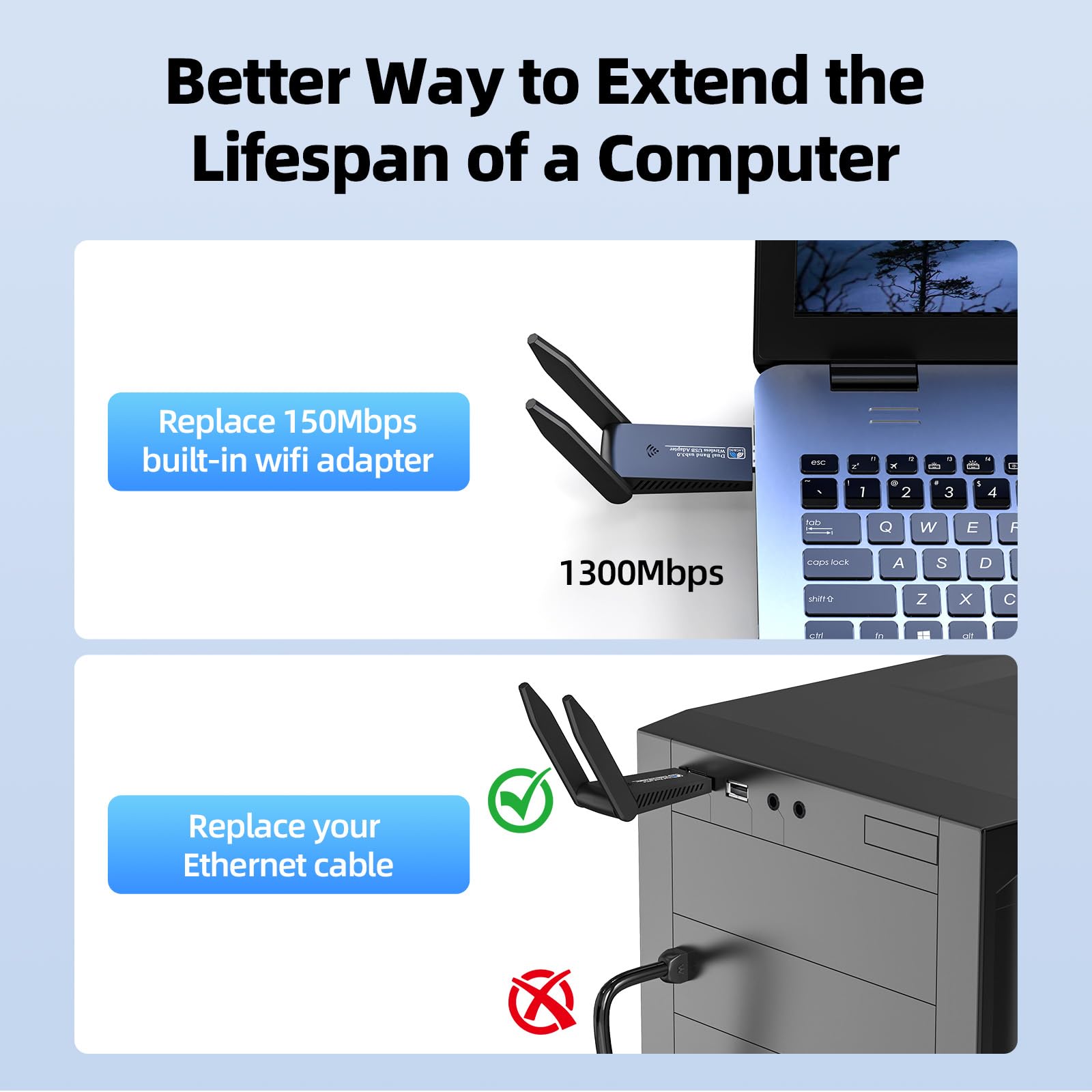 Adaptador WiFi USB 3.0 de doble banda de 1300 Mbps para PC - Tarjeta de red inalámbrica AC1300 con bandas 5G y 2.4G, no necesita controlador para Win10/11, compatible con escritorio, laptop, Windows