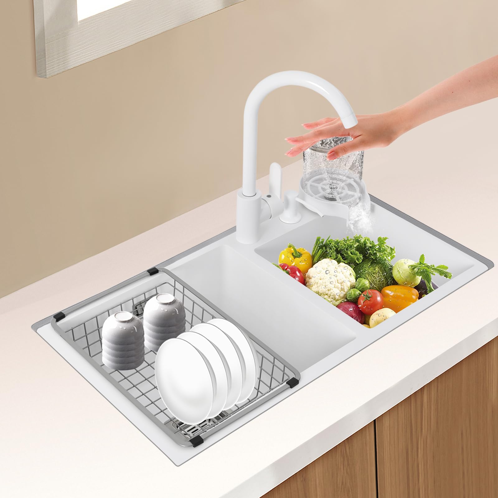 Fregadero de cocina de 2 cuencos, fregadero doble, fregadero empotrado, de acero inoxidable, con grifo y escurridor, juego de fregadero de acero inoxidable, fregadero doble para cocinas, cafés, bares