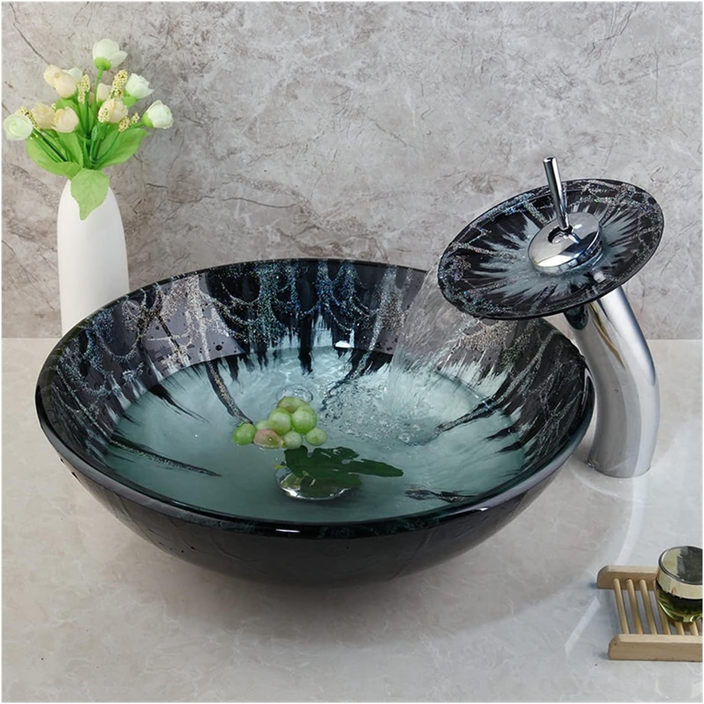 WOTZOV Bathroom Sink Tempered Glass Vessel Sink And Faucet Combo Bathroom Sink Lavatory Basin Round Bowl Sink With Matching Waterfall Faucet Set Vessel Sink