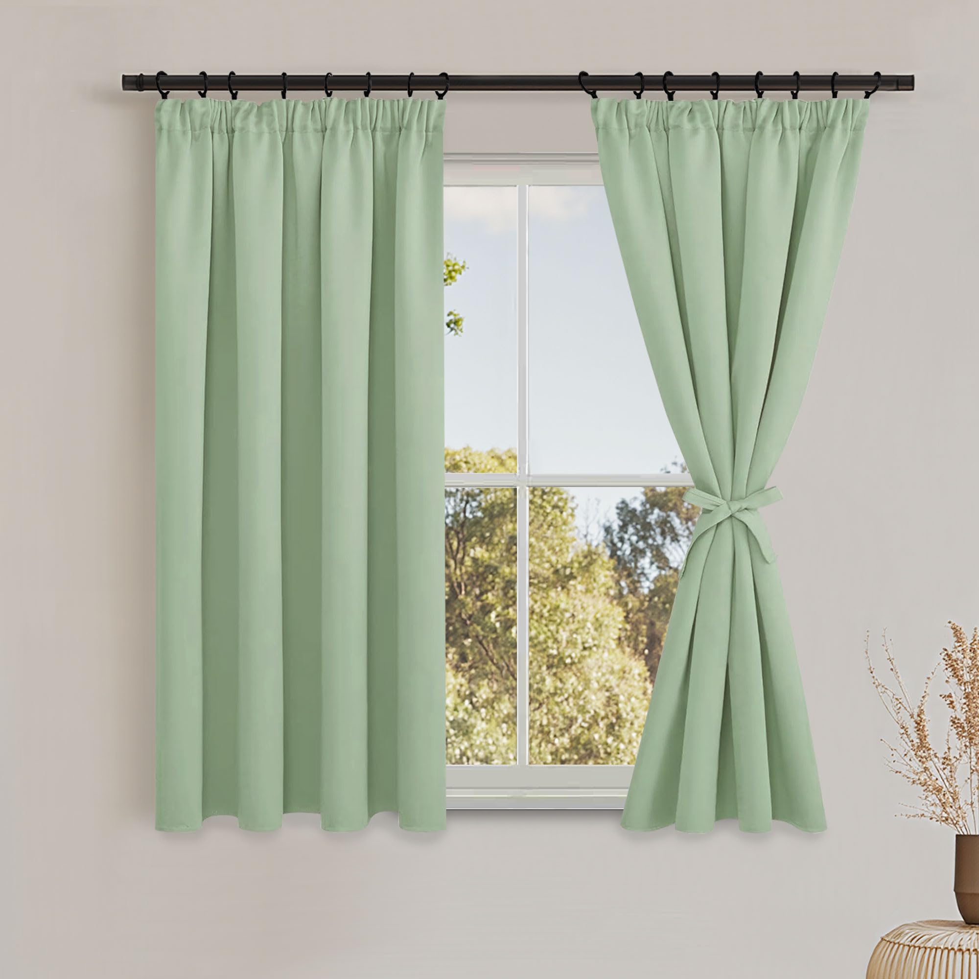 DWCN Blackout Curtains for Bedroom Thermal Insulated Curtain Pencil Pleat Window Curtains for Living Room with Tiebacks 46 x 54 inch Length, Light Green, 2 Panels — image 1