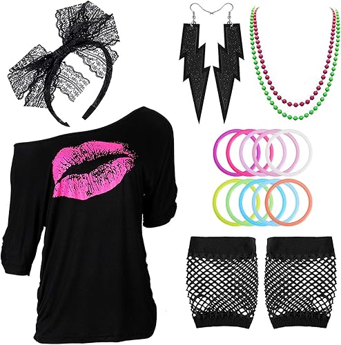 Accesorios de disfraces de Halloween de los años 80 para mujeres, camiseta sin hombros para los años 80