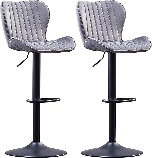AINPECCA Set of 2 Bar Stools with Metal Footrest,Breakfast Barstools Padded Backrest in Velvet, 360° Swivel Grey Kitchen Barstools,Height Adjustable Bar Stools, Cushioned Barstools for Living Room