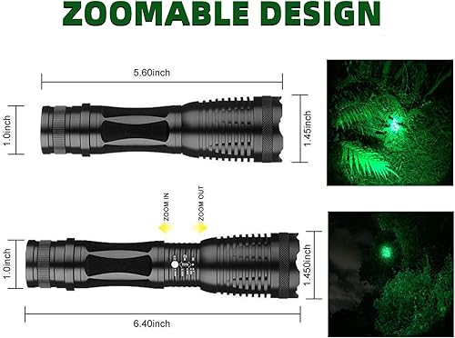 Miniatura 4 de WINDFIRE Linternas de luz verde, foco de luz de caza de largo alcance, linterna táctica LED de un solo modo con zoom, luz de cerdo depredador