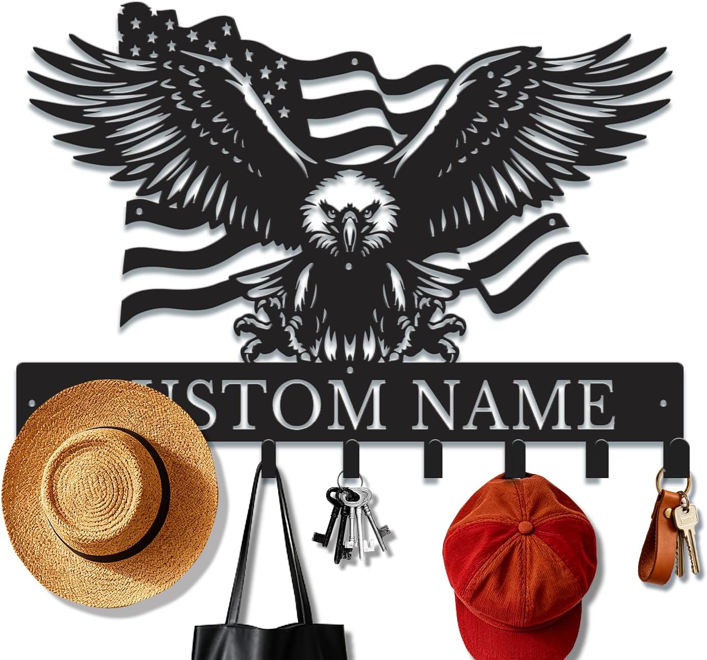 Personalized Eagle Metal Wall Organizer, Custom Coat & Key Hanger, Patriotic Entryway Decor, Rustic Lodge Hook Rack, Durable Outdoor Hooks (Style-8)