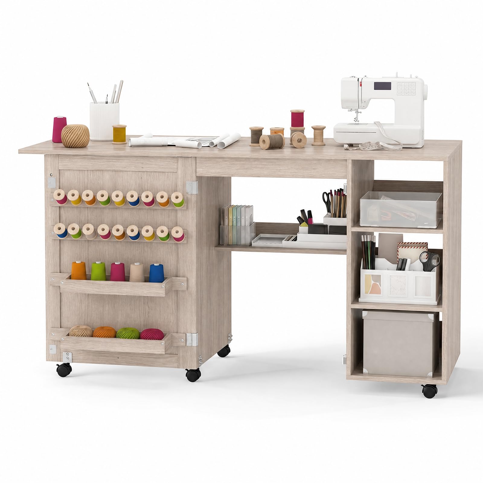 CASART 2-In-1 Folding Sewing Table, Multipurpose Sewing Machine Cabinet with Storage Shelves, 2 Storage Bins and 18 Pegs, Rolling Artwork Craft Table Sewing Workstation Drop Leaf Tables (Natural)