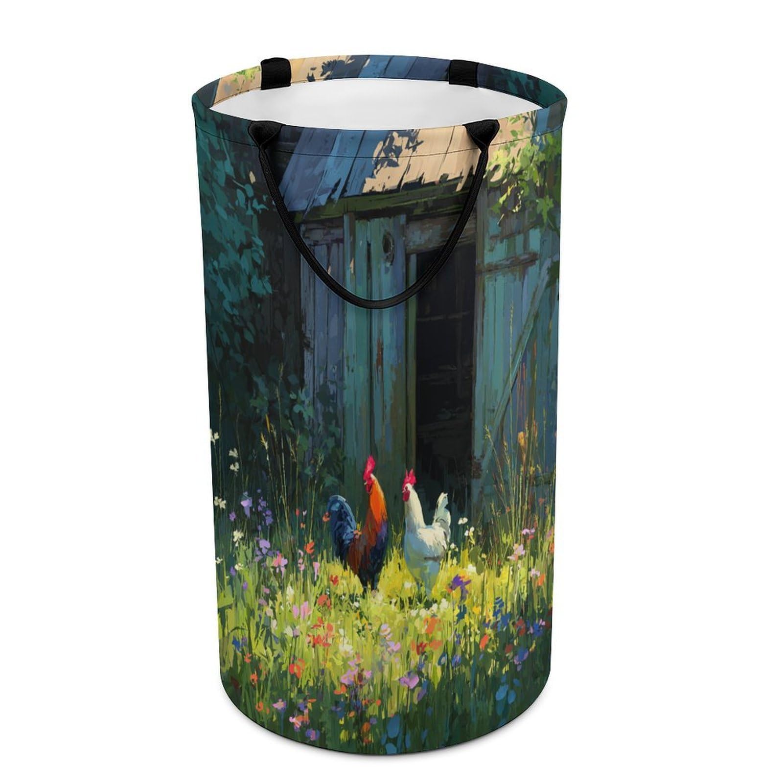 LUYYSKY Colorful Funny Chicken Rooster Versatile Storage Laundry Basket, Colorful Watercolor Farmhouse Barn Farm Animals Floral Large Capacity Bathroom Hamper With Handle