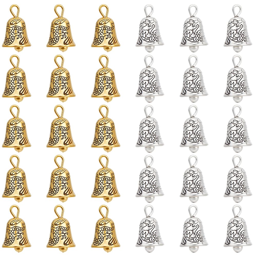 SUNNYCLUE 1 scatola 30 pezzi Ciondoli A Campana In Metlega Ciondolo A Campana Dorata con Totem di Drago Antico Argento Antico Oro Ciondoli Albero di Natale per Collana Orecchini Bracciale Creazione di