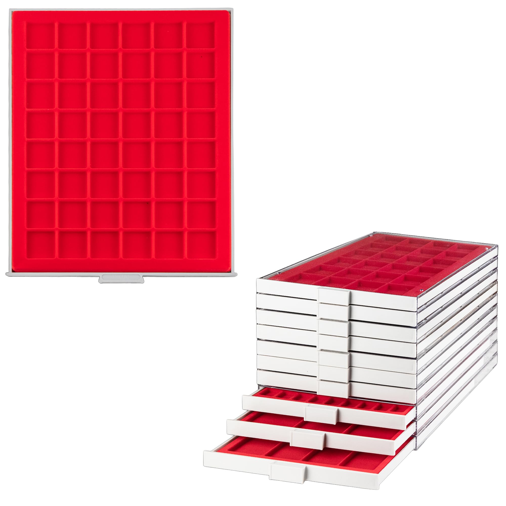 Prophila coin box gray 48 angular compartments for coins up to 30 mm (1 Oz. Canada/Maple Leaf Gold), red insert