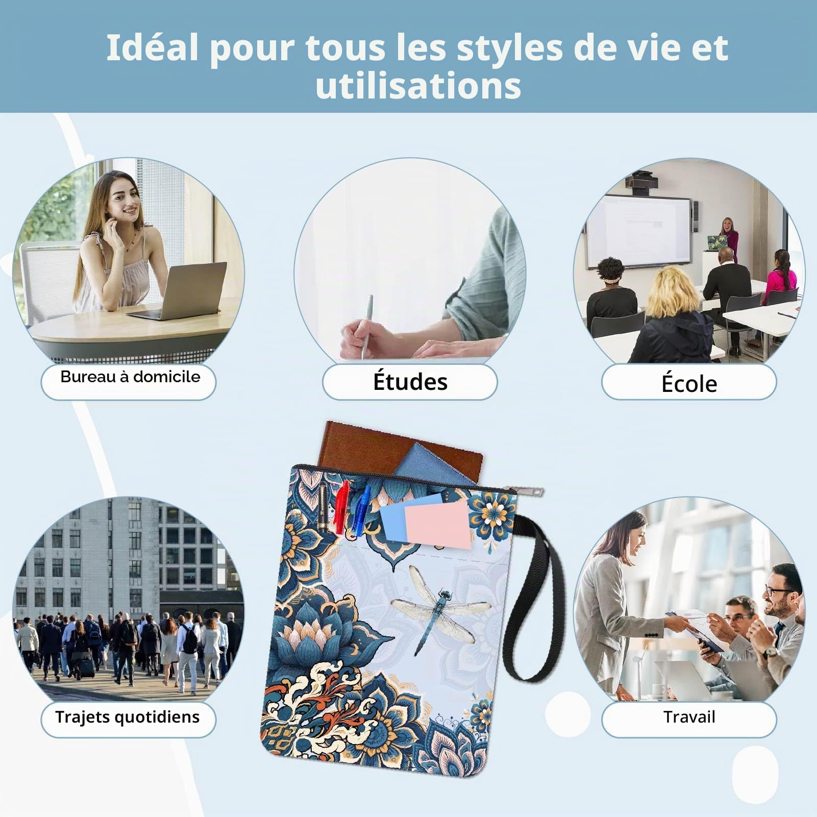 craspire Boho Fleur Libellule Pochette de Livre avec Poche à Fermeture Éclair Cadeaux pour Les Amateurs de Livres Mandala Lotus Couverture Rigide Pochette de Livre Étanche Sac de Protection Housse