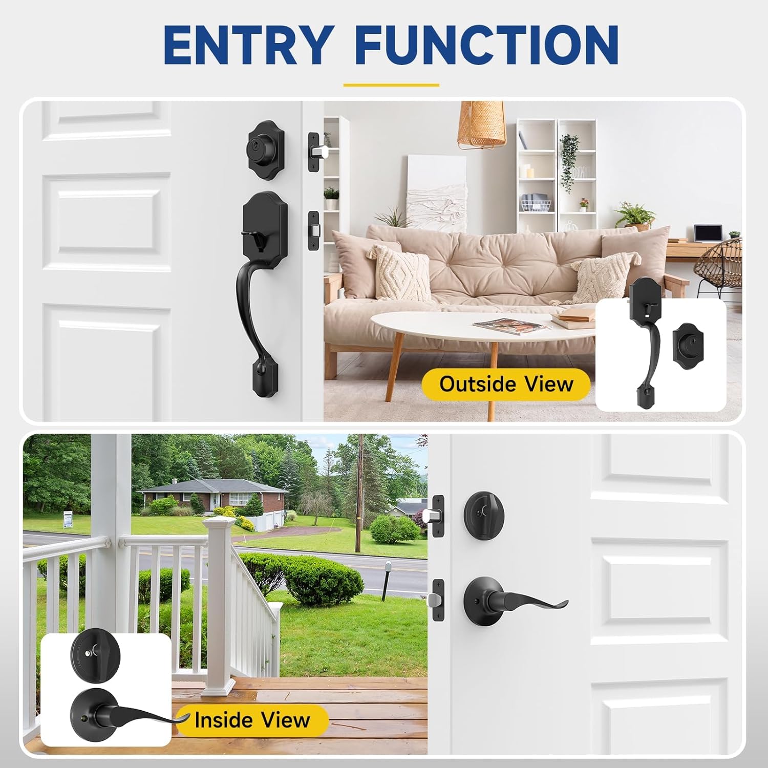 Front Door Handle and Deadbolt Set, Front Door Lock Set, Exterior Door Handle with Single Cylinder Deadbolt Lock, Reversible for Right & Left, Matte Black