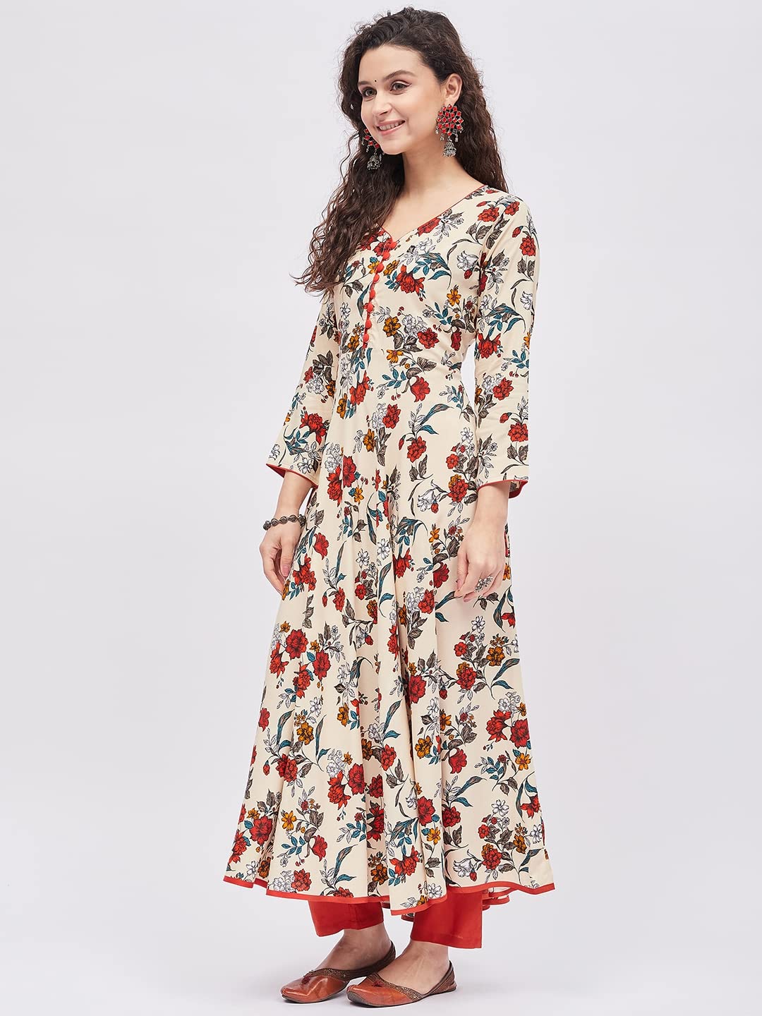 Tissu Women's Rayon Cream & Orange Floral Printed A-Line Kurta 2221_Cream_L