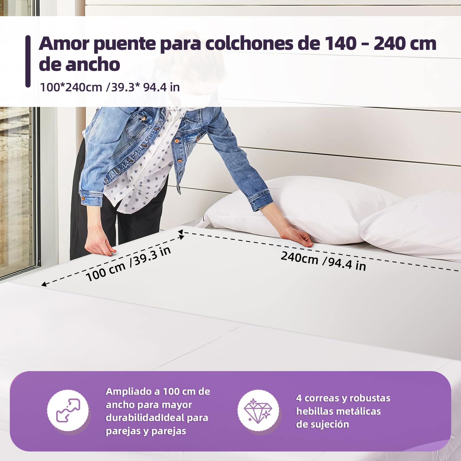 Cubierta de cama 140-240 cm, 4 correas de metal, elimina el agujero, conector parejas/familias
