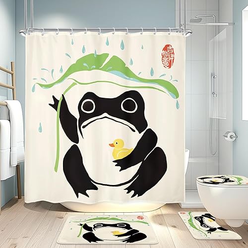 Miniatura 16 de LGhtyro Cortina de Ducha Divertida de Rana Juego de Baño 60Wx71H Pulgadas Retro Lindo Animal Asiático Estilo Tradicional Japonés Fideos Sombrero de