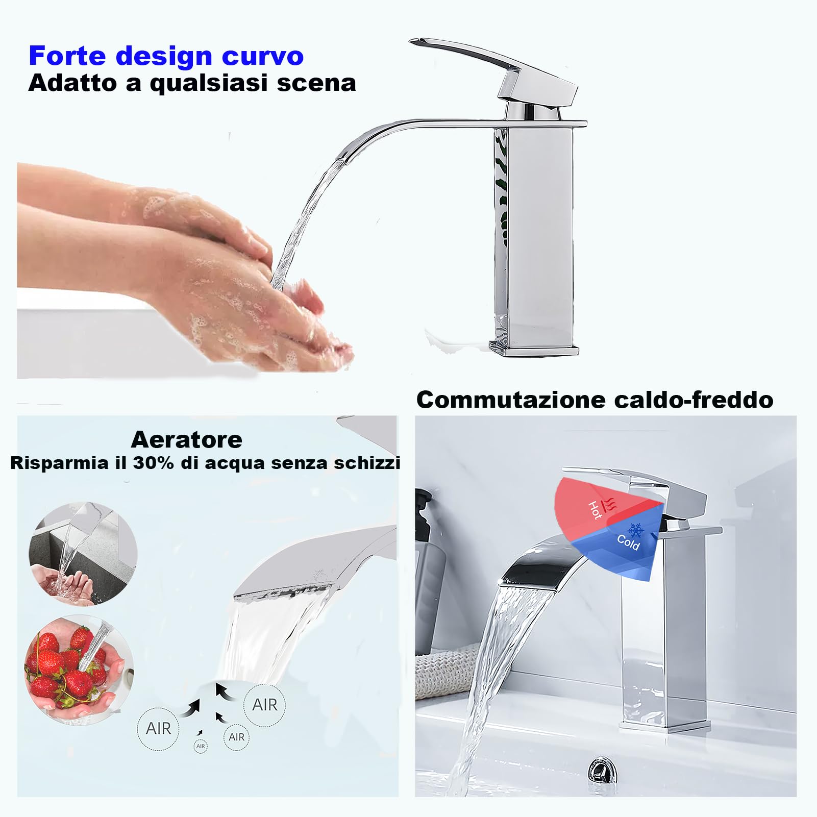 XWIHTR Rubinetto da bagno a cascata, rubinetto per lavabo, rubinetto per lavabo a una maniglia; bocca calda e fredda, silenzioso, rubinetto da bagno in ottone in acciaio inox (cromo)