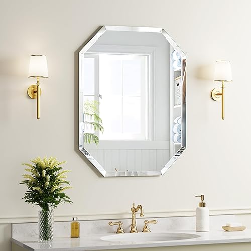 Miniatura 8 de Espejo de baño rectangular de 20 x 28 pulgadas, magnífico espejo plateado, sin marco, festoneado, biselado, pulido, espejo de pared para tocador,