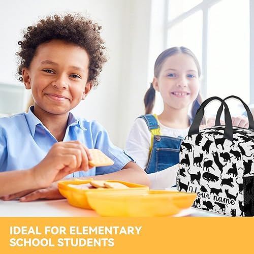 Miniatura 7 de Lonchera personalizada para gatos para niños, lonchera aislada para niñas y niños, lindas bolsas de almuerzo negras reutilizables, pequeña con