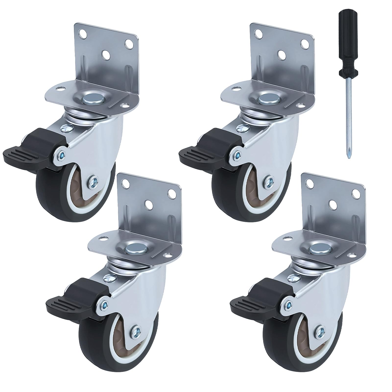 Babybay Lot de 2 roulette de meuble en L avec 2 freins - Roulettes en caoutchouc silencieuses - Pivotantes à 360° pour meubles - Idéal pour support de fleurs, table basse