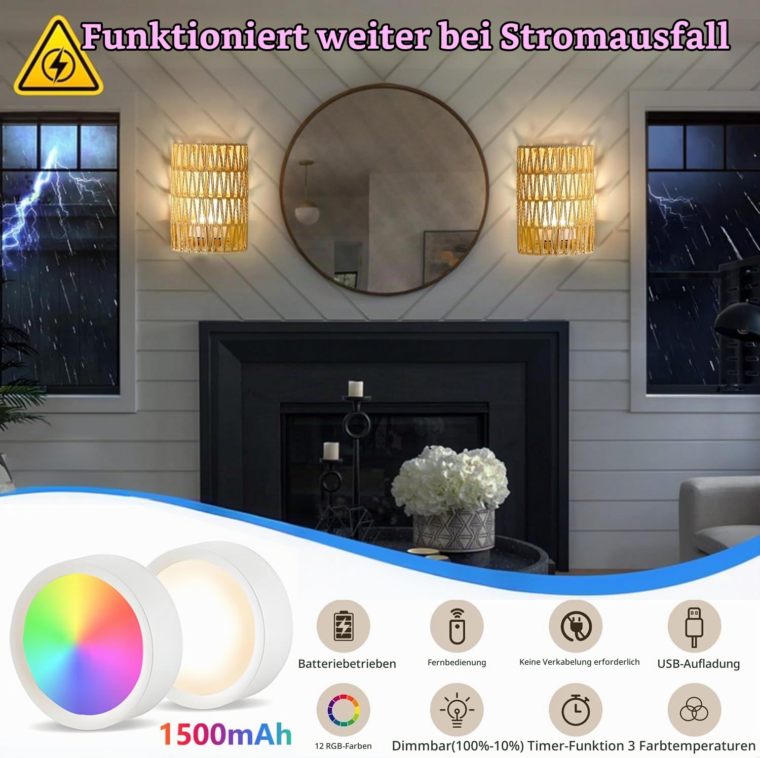 2 Stück Boho Rattan Wandlampe Innen Akku Wandleuchte Ohne Stromanschluss RGB Dimmbare Wandleuchten mit Fernbedienung Retro Nachttischlampe für Schlafzimmer Wohnzimmer Flur