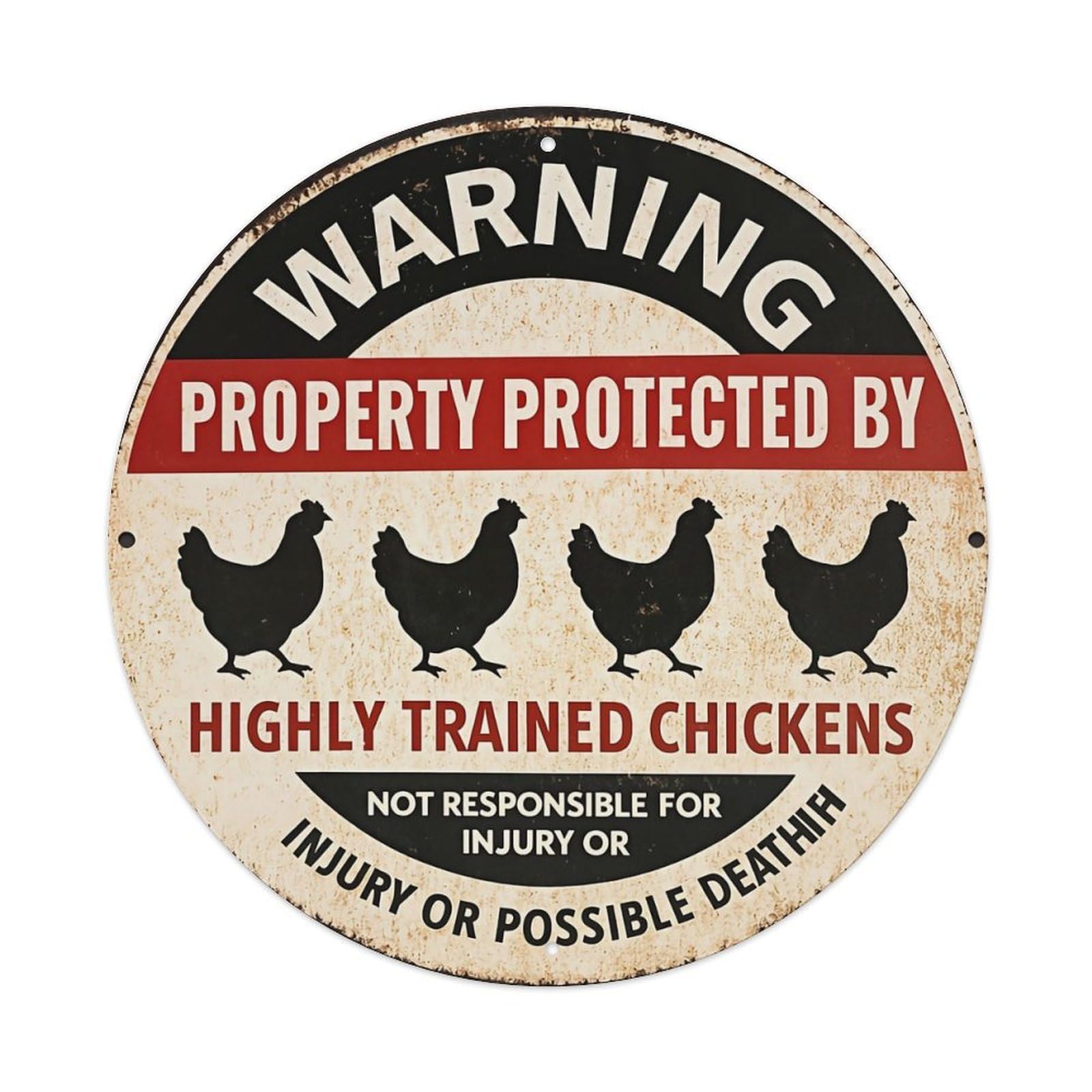 Jdyaojiesheng Vintage Warning Property Protected By Highly Trained Chickens Round Tin Sign Retro Metal Wall Decor Metal Poster, Home Bar Garage Farmhouse Cafe Wall Art Decoration 8X8inch