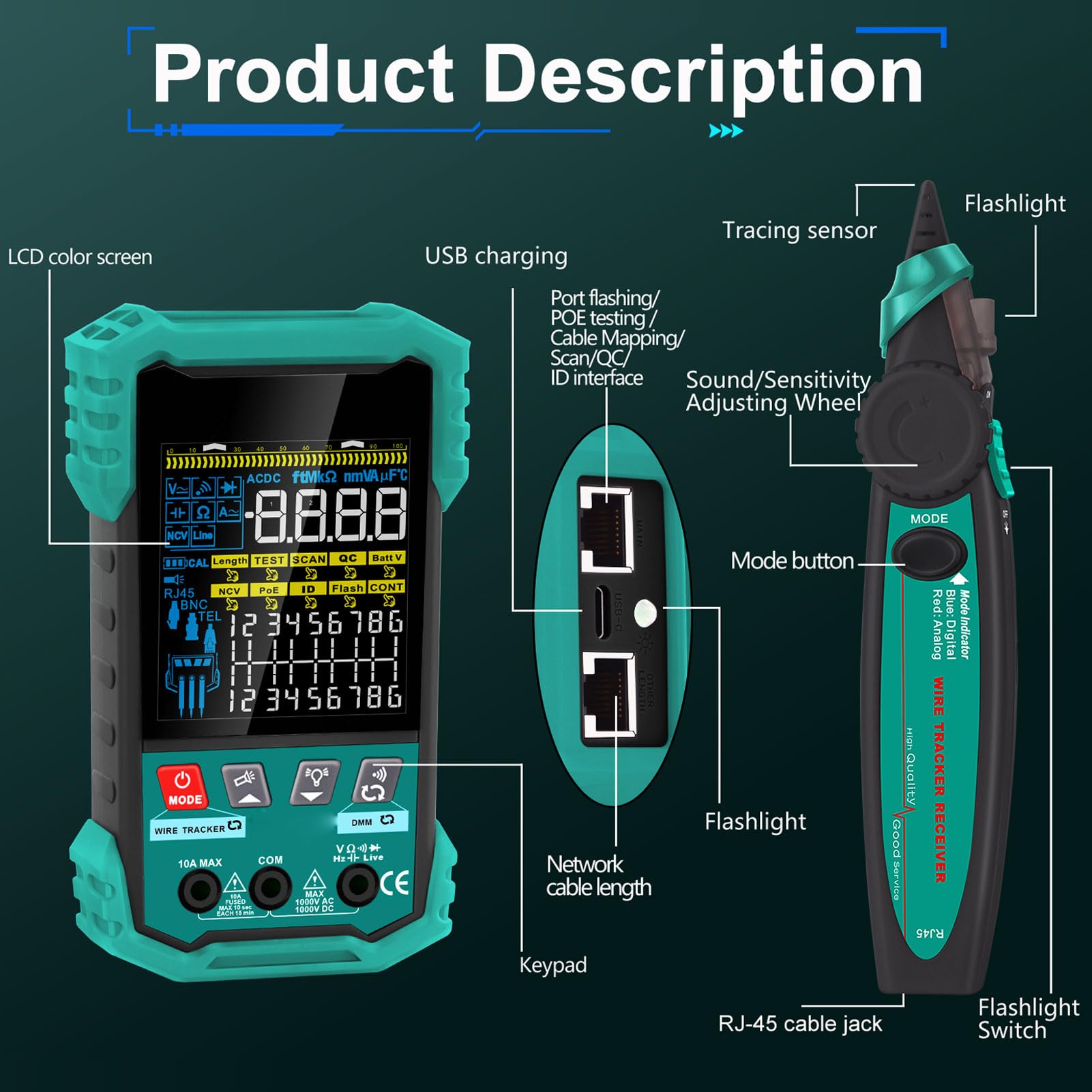 Asixxsix Red Cable Tester, 1250mAh 400m Cable Trazador orekóva Múltimetro, PoE NCV, Puerto Parpadeo, LED tesape, Línea Buscador Ethernet-pe g̃uarã, Internet, Teléfono, Altavoz