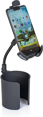 Maxam Soporte para teléfono para automóvil - Soporte para portavasos de automóvil con cuello largo flexible, vista giratoria de 360, abrazadera