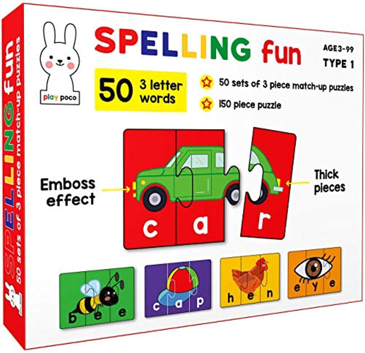 Play PocoSpelling Fun Type 1 - 150 Piece Spelling Puzzle - Learn to Spell 50 Three Letter Words - Beautiful Colorful Pictures (Age 4+)