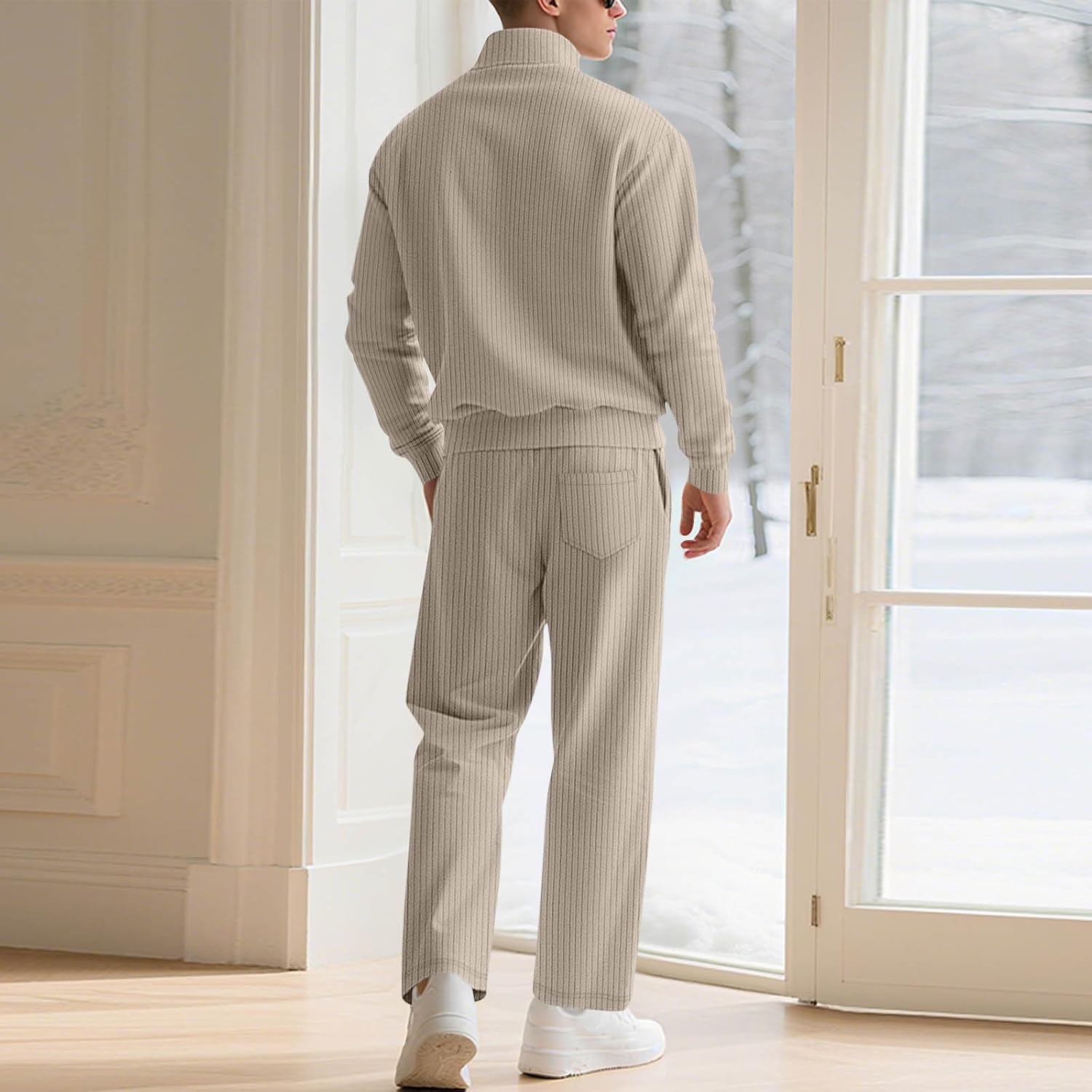 Cambkatl Men's Ribbed Tracksuit Sets Pullover Casual Stand Collar Sweatshirt Matching 2 Piece Jogging Suits with Pockets