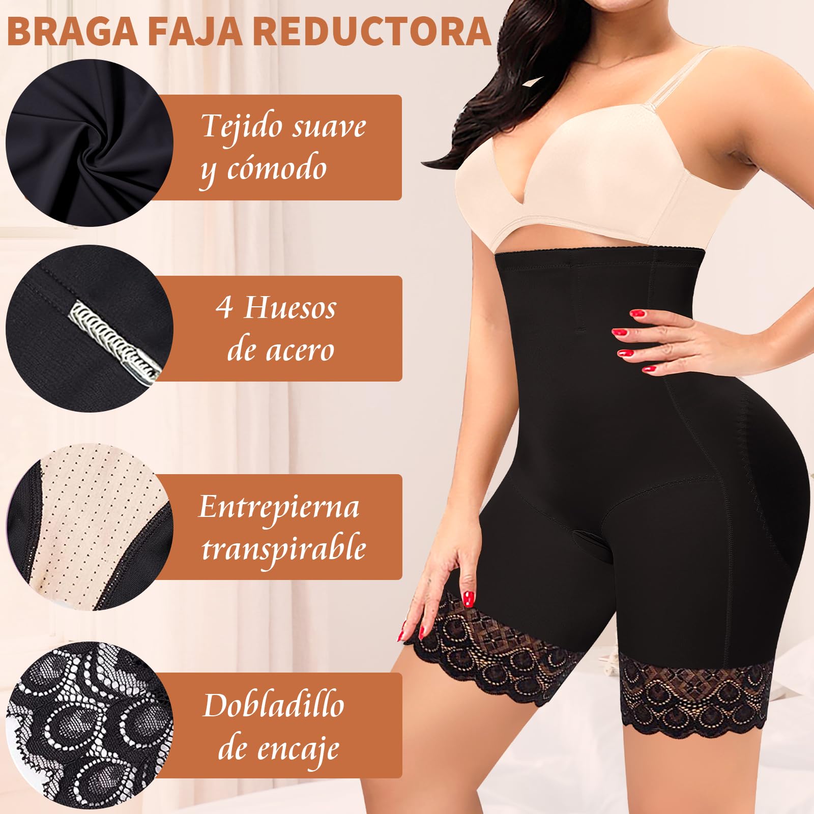 YARRCO Braga Faja Reductora Mujer de Encaje Invisible Faja Pantalon Reductora Moldeadora Adelgazante Braguitas Shapewear Fajas Postparto sin Costuras Cintura Alta Leggings Pantalones Cortos