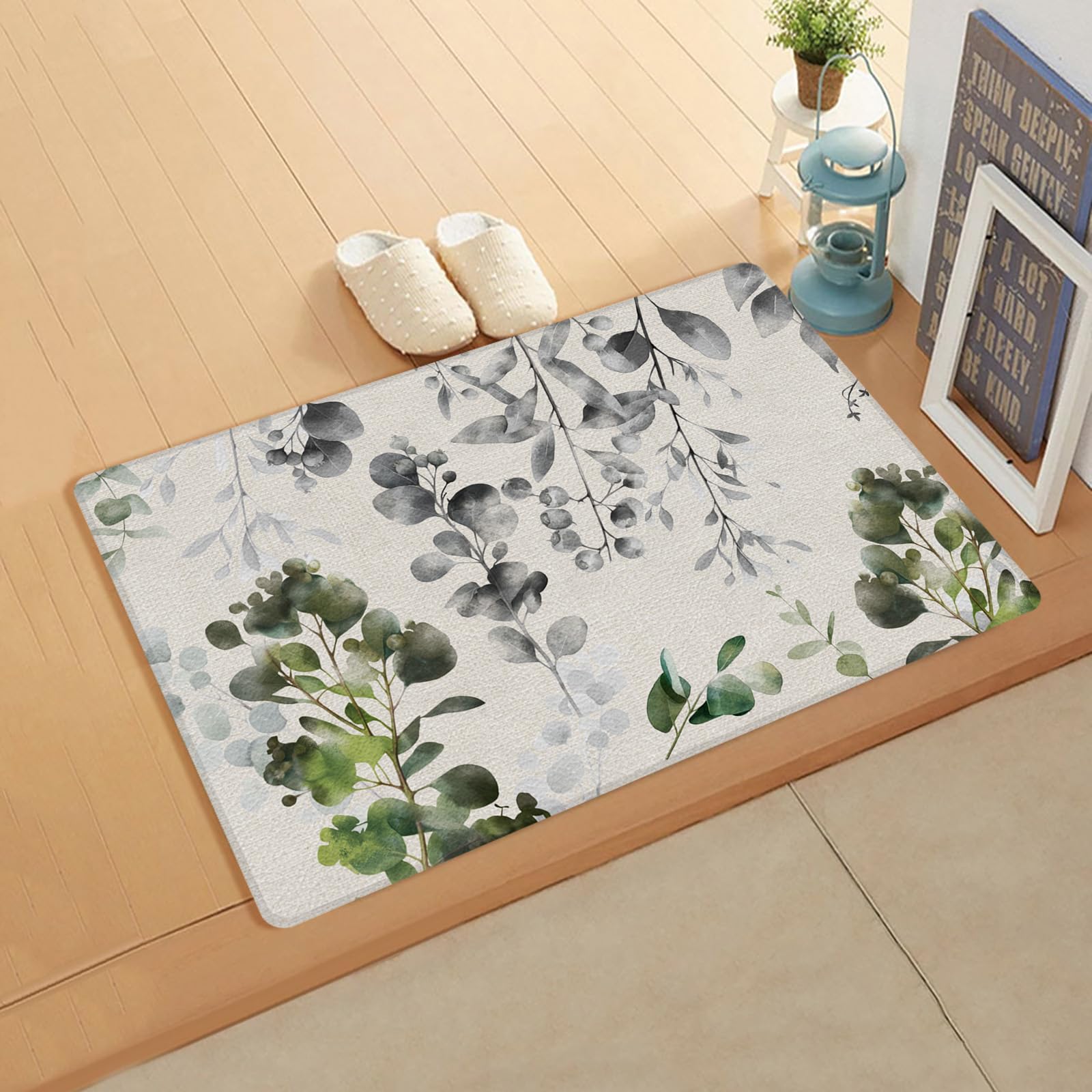 Watercolor Eucalyptus Kitchen Bath Door Mat Cushioned Runner Rug,Washable Welcome Floor Sink Antifatigue Mat,Waterproof & Non-Slip Comfort Standing Doormat,Farmhouse Wildflower Botanical Herbs 20