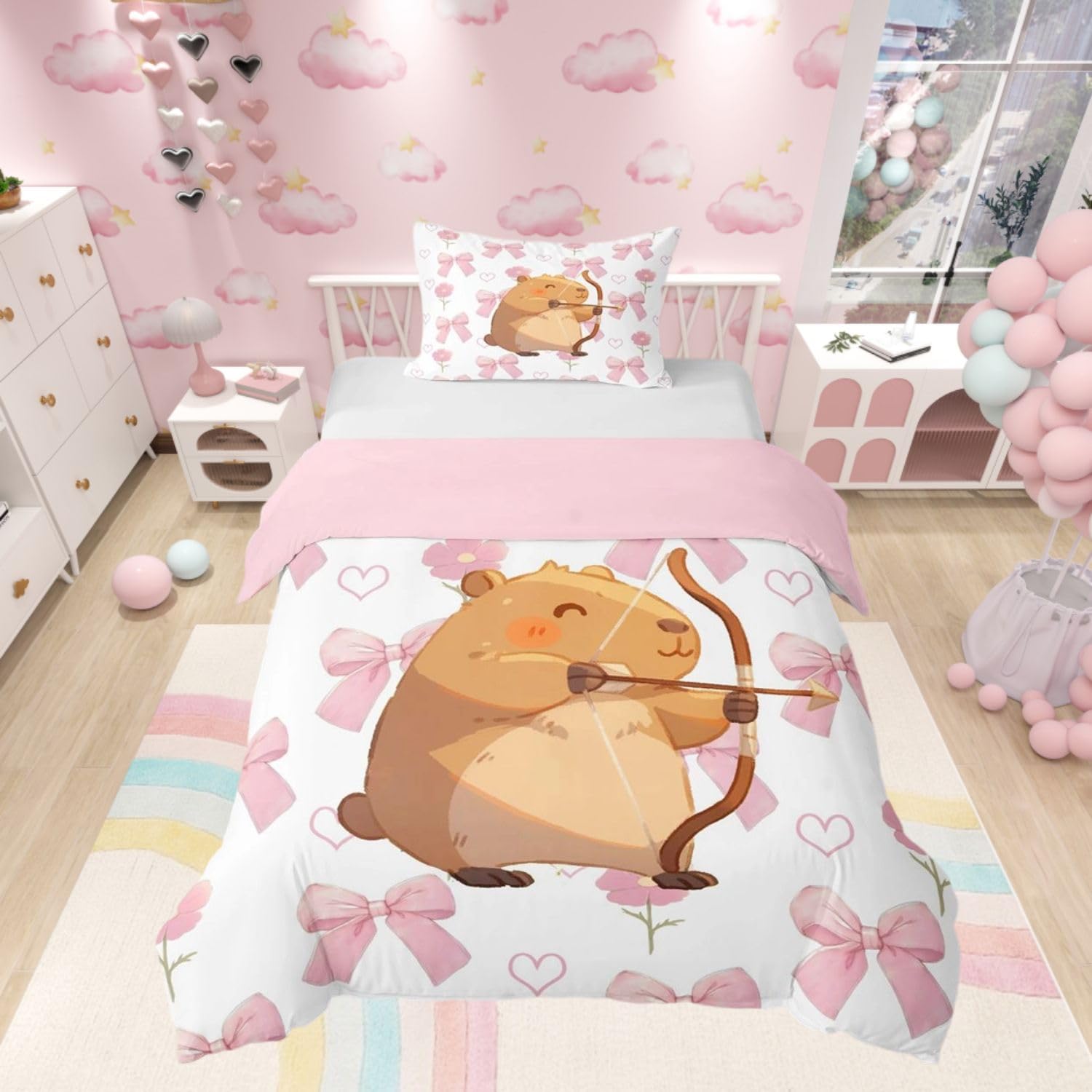 Homewish Kids Cute Capybara Duvet Cover Set Girls Pink Bow Bedding Cot - Cartoon Archery Capybara Animal Pattern Quilt Cover Kawaii Bowknot Florals Bed Set with Pink Reverse - 1 Pillowcase — image 1