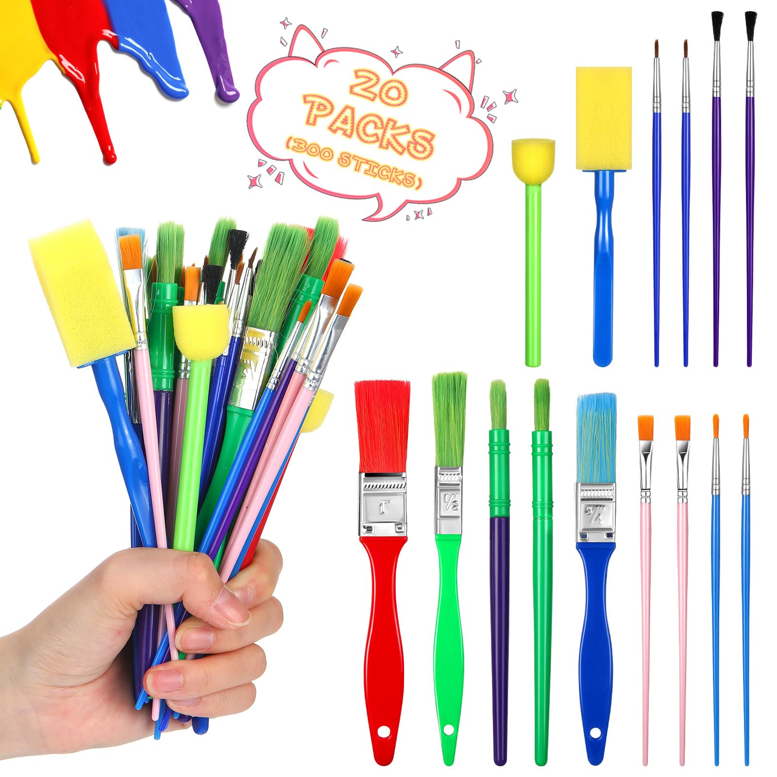 300 Pcs Paint Brush Set Bulk, All Purpose Paint Brushes for Acrylic Painting, Easy to Clean and Hold, Round and Flat Kids Paint Brushes, Great with Watercolors, Acrylic and Washable Paints