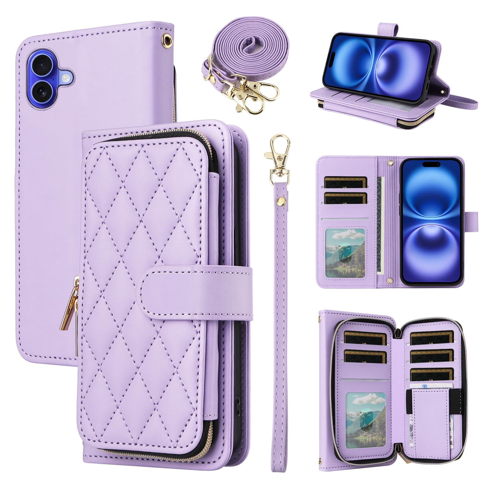 Furiet Argyle Wallet Case Compatible with iPhone 16 Plus 6.7 inch with Wrist Strap Shoulder Strap, 9+ Card Slot Zipper Purse Stand Checkered Cell