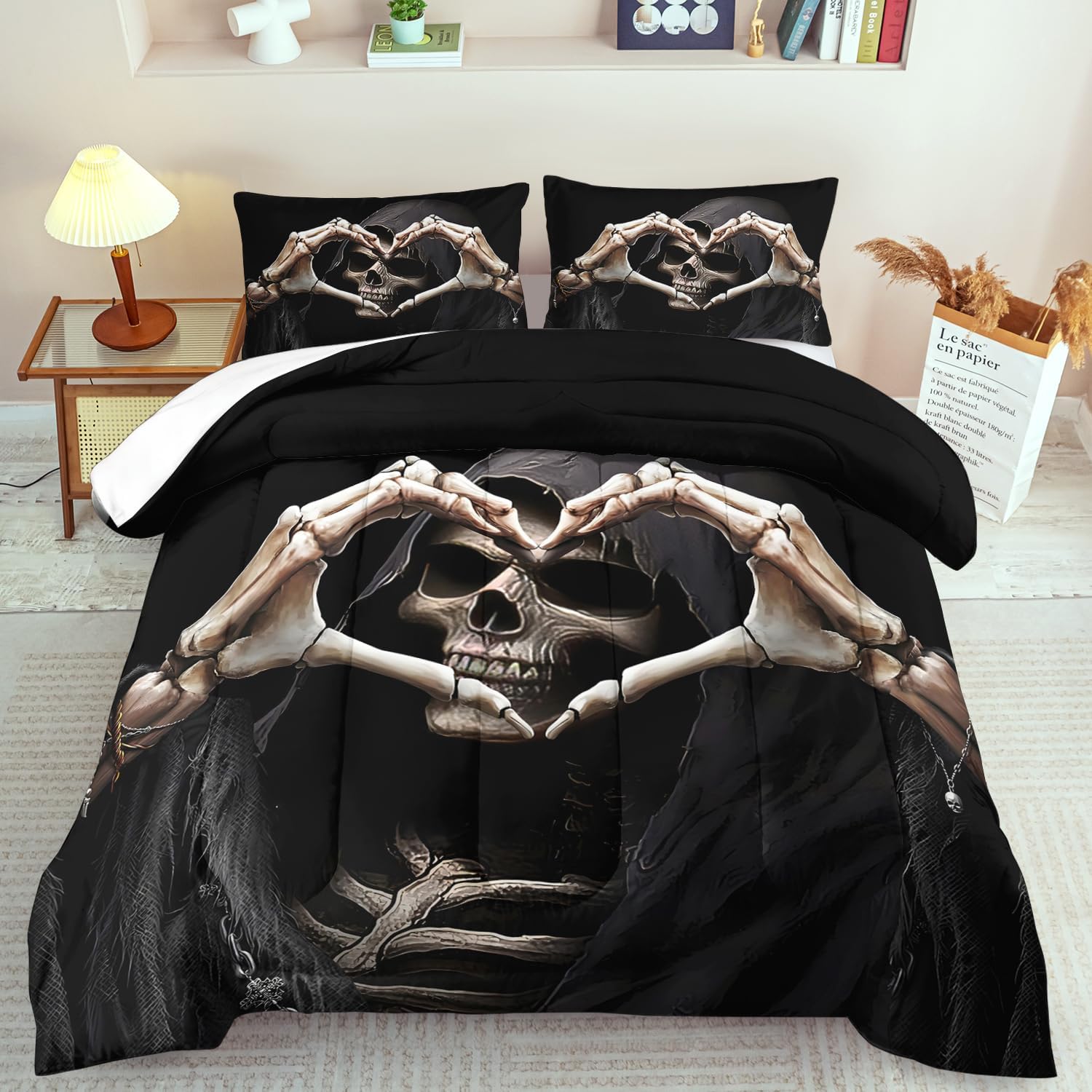Black Skull Comforter Set King Black Goth Comforter Sets for Couple Skull Bedding Girls Medieval Bedding Goth Room Decor Love Heart Bed Quilt Love Home Decor