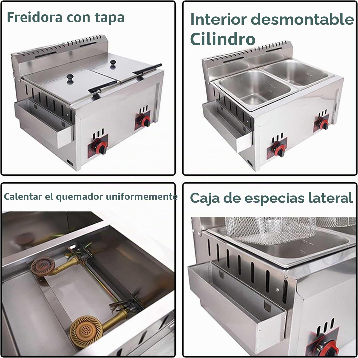 Freidora de gas LPG de acero inoxidable de 10 L x 2, freidora doble de grado comercial con potencia de fuego ajustable, incluye cestas y tapa, limpieza sin esfuerzo