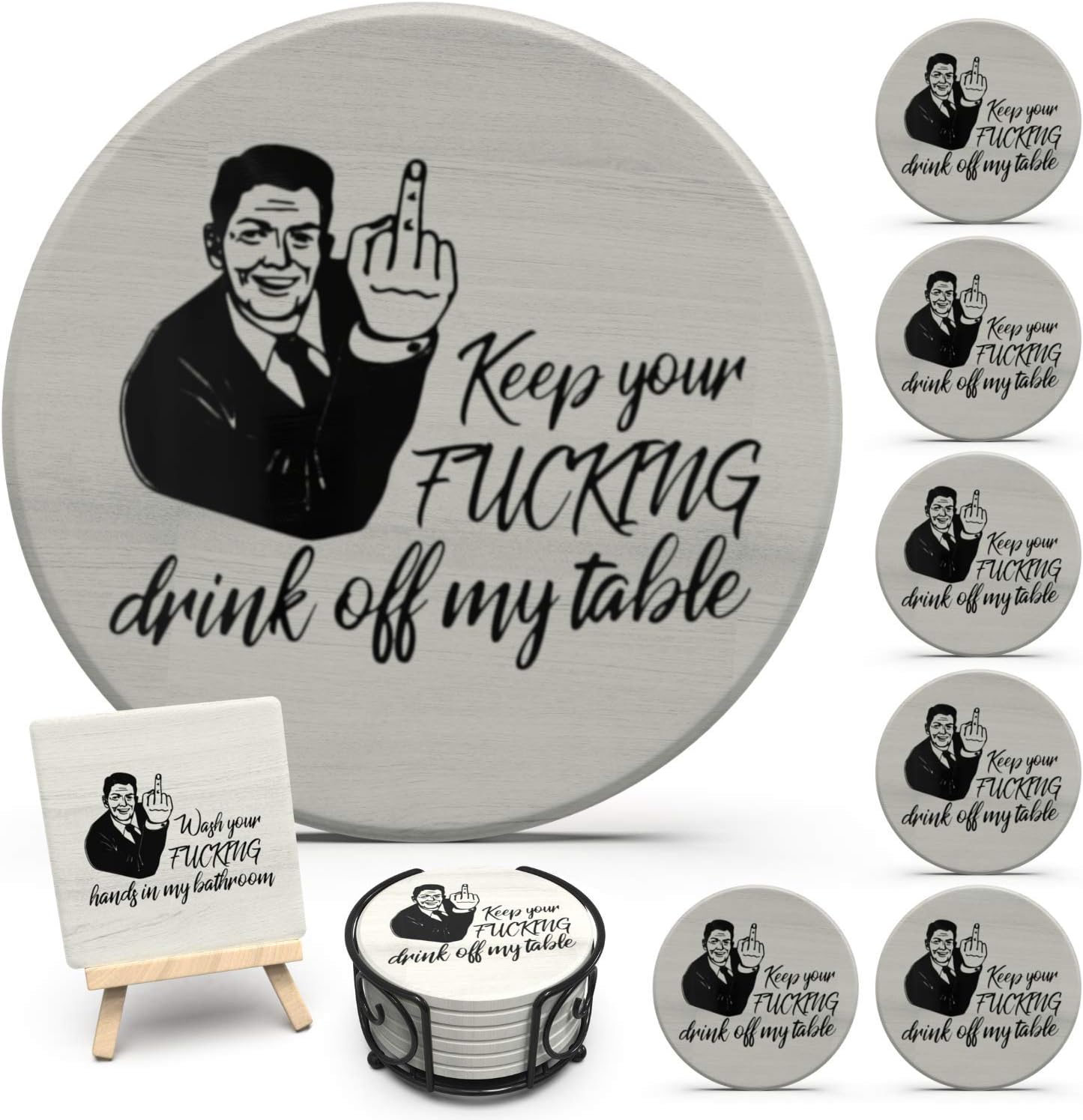 Coasters for Drinks, Funny Drink Coasters Absorbent with Holder 6 Pcs Absorbing Stone Funny Coaster Gift Set Housewarming Gift New Home Apartment Kitchen House Decor Gift for Women Men
