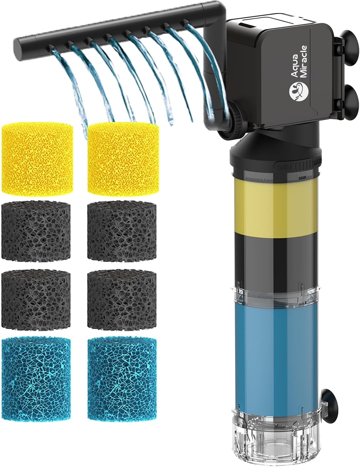 AquaMiracle 3-Stage Aquarium Filter (for 40-150 Gal Tanks) with Filter Sponges Pack (Including 2 x Coarse Sponge, 2 x Fine Sponge & 4 x Carbonized Sponge)