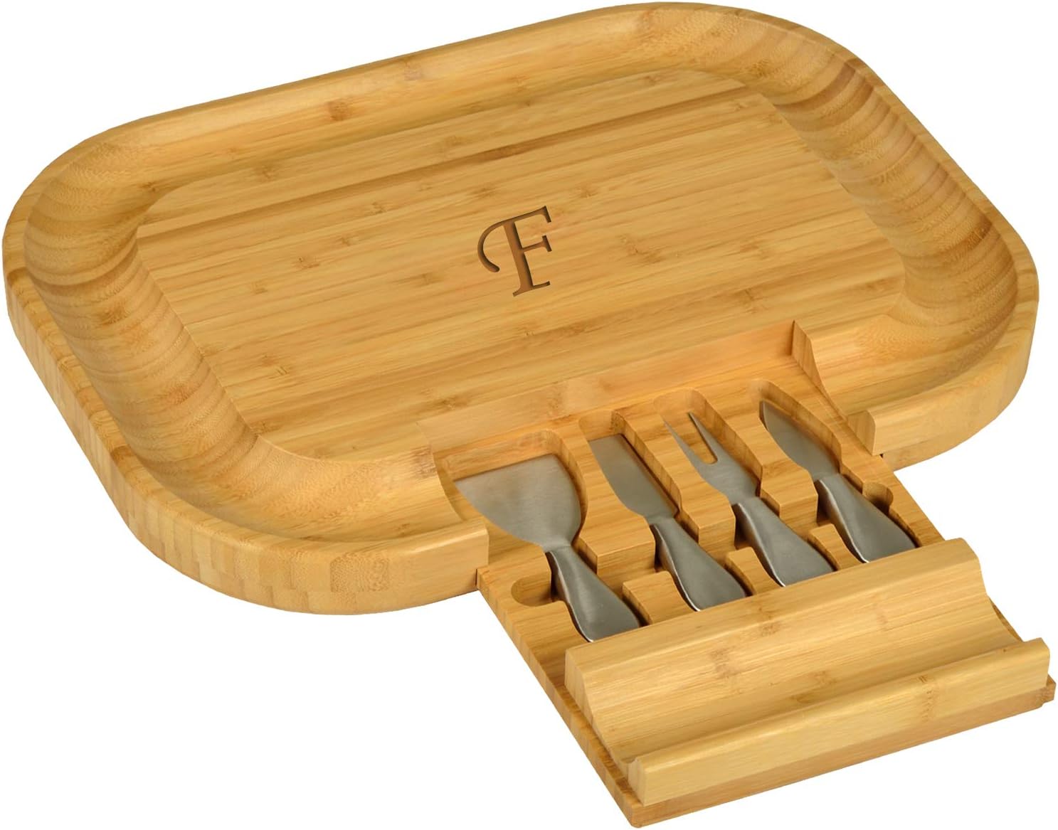 Picnic at Ascot Personalized Monogrammed Engraved Bamboo Cutting Board for Cheese & Charcuterie - includes Knife Set & Cheese Markers- Designed & Quality Checked in USA