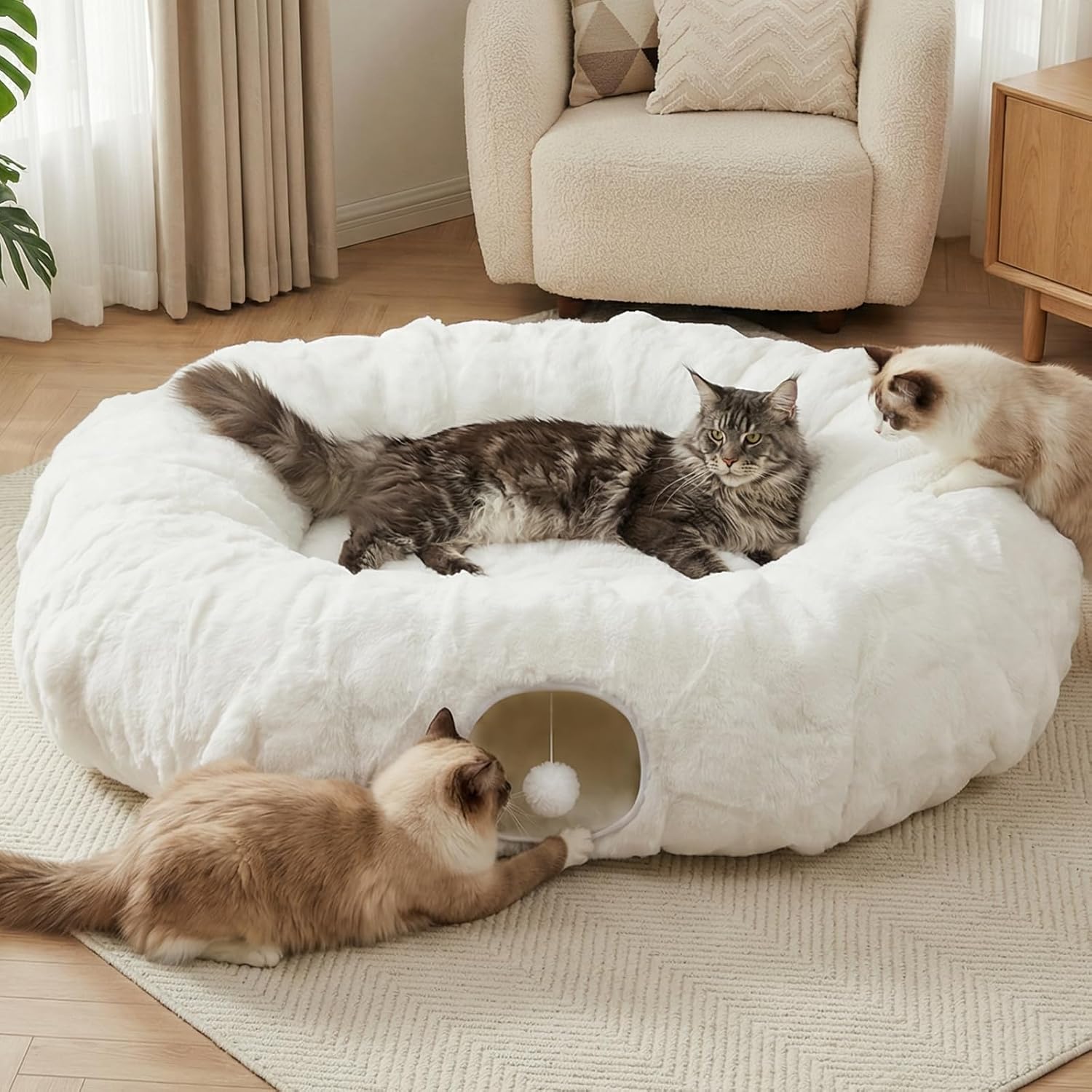 Extra Large Cat Tunnel, 47.2in Luxury Tunnel for Large Cats, Extra Long Bubble Fleece Big Cat Tunnel for Cats with Washable Mat, Skin-Friendly Large Tunnel for Cats, Puppy, Rabbits White