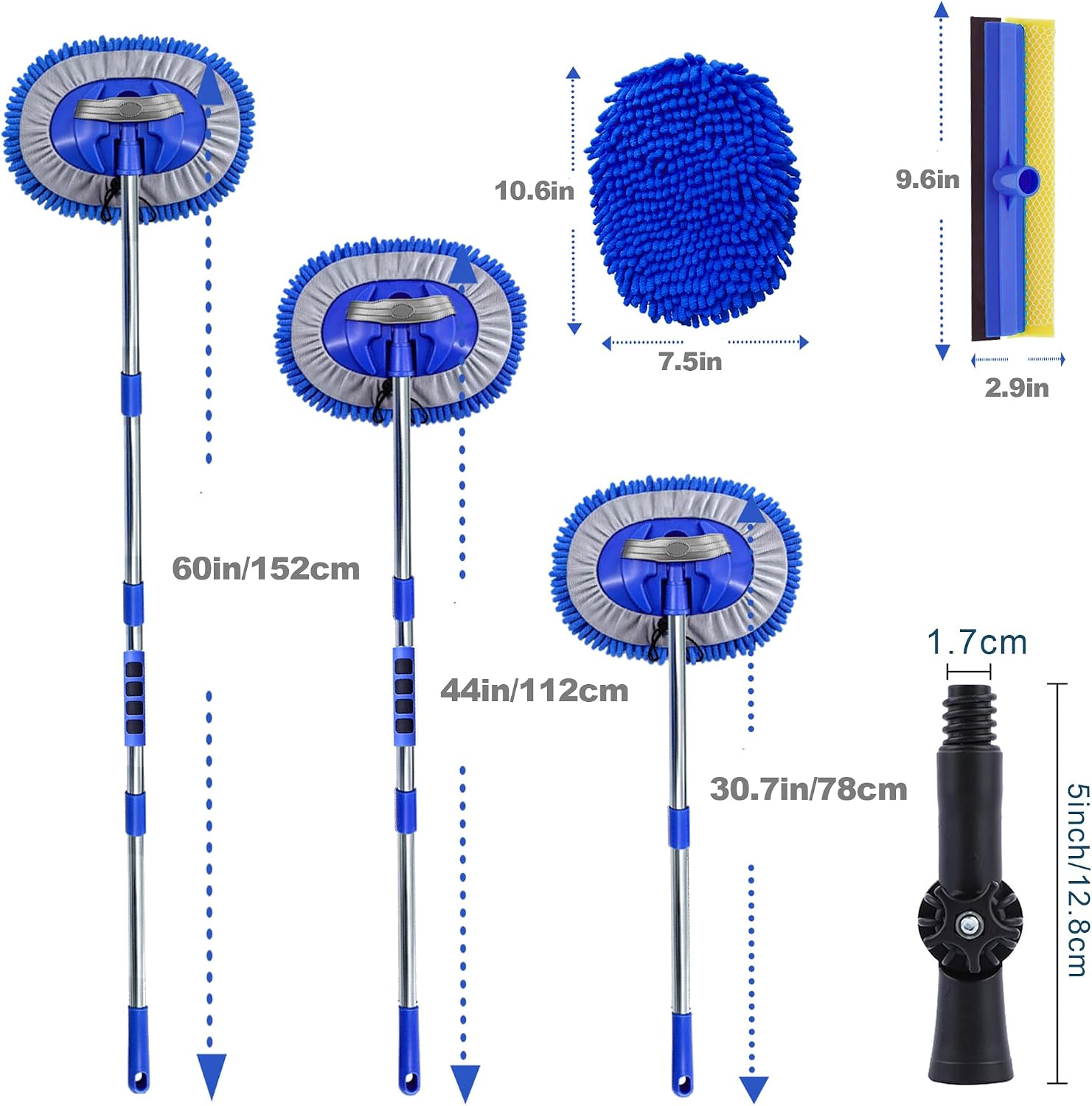60" Car Wash Brush Kit - 4-Section Long Handle Mitt Mop with 270° Swivel Connector Anti-Scratch Chenille Mop Head & Sponge Squeegee Adjustable Cleaner for Car Window Floor & Tile (Blue) image 2