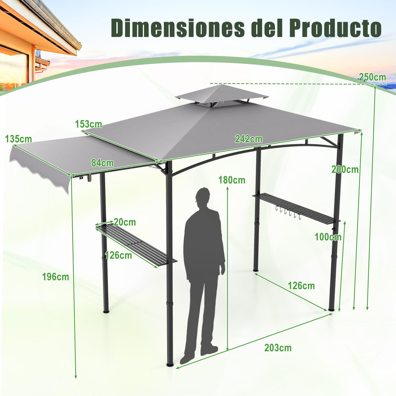 COSTWAY Cenador de Barbacoa 318 X 153 Cm, Techo Lateral, Carpa Barbacoa 2 Estantes Laterales y Parte Superior de 2 Niveles, Estructura Metal, Pergolas de Jardin Exterior (Gris)